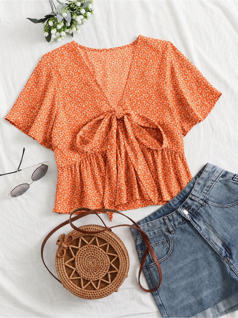 ZAFUL | Orange Floral Tie-Front Peplum Blouse